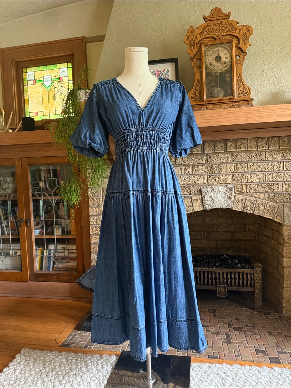 Pilcro Blue V-Neck Smocked Midi Dress
